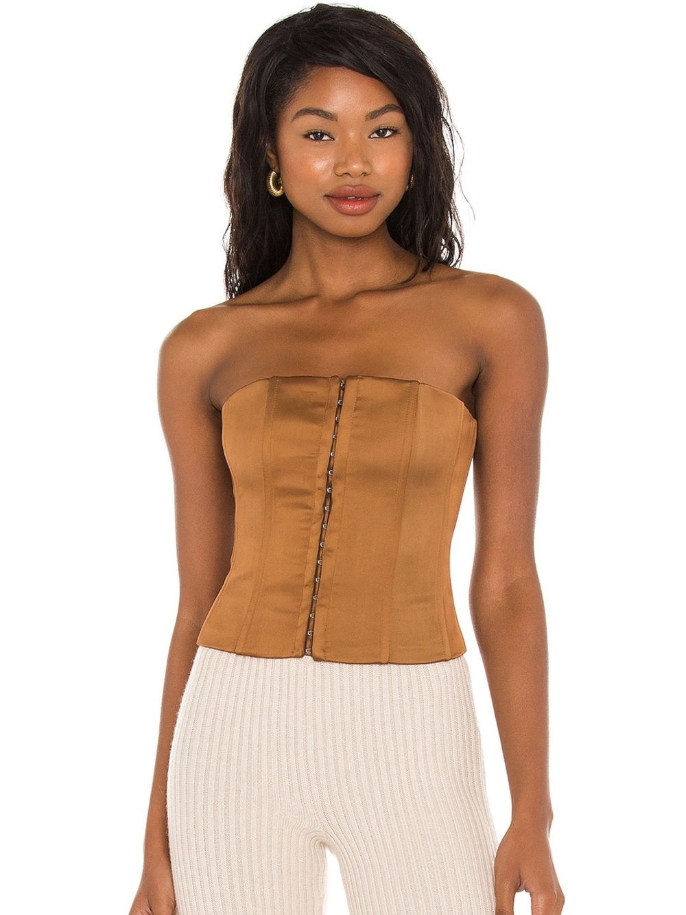Satin Strapless Corset Bandeau in Caramel Brown